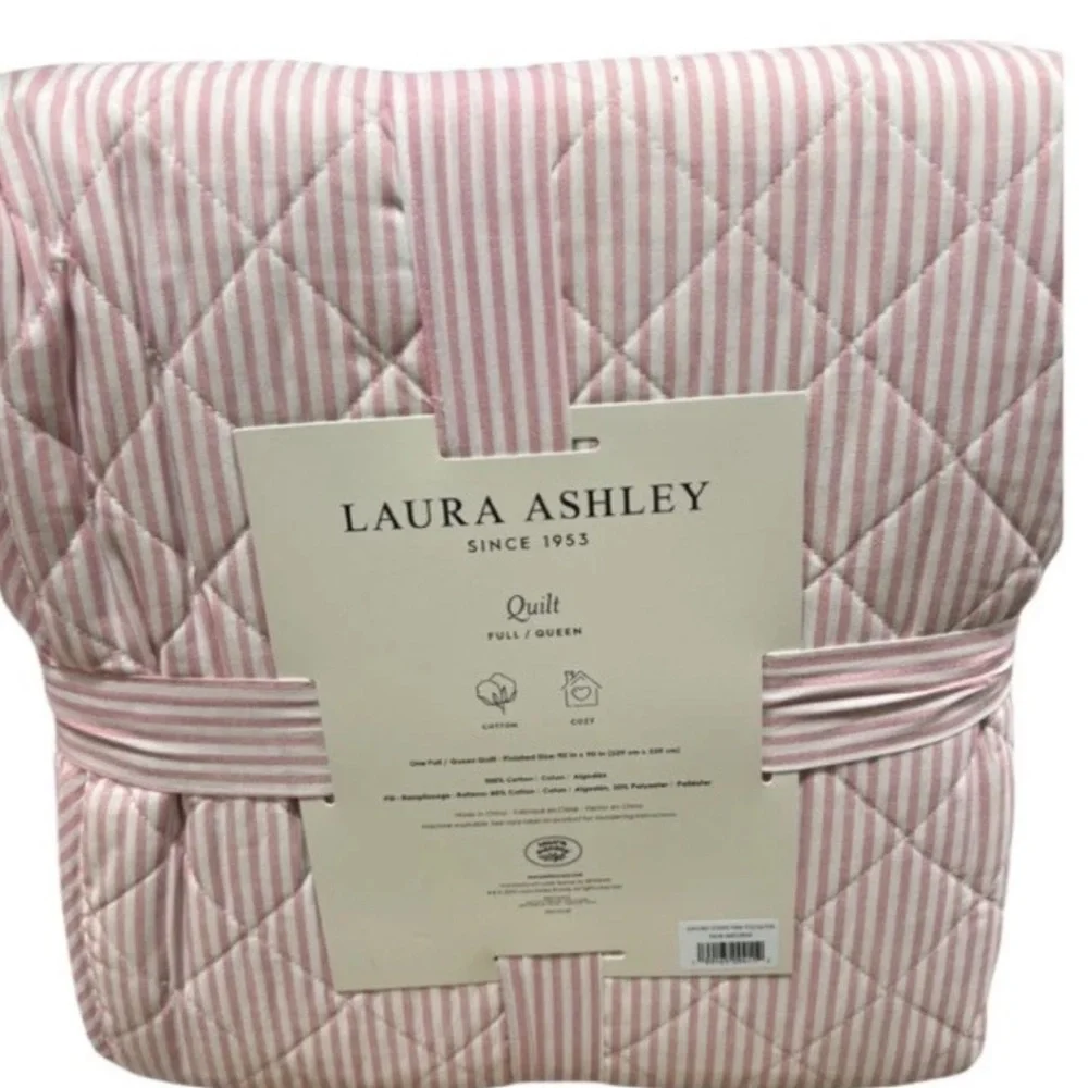 Laura Ashley Pink and White Striped Queen Cotton Quilt 90”x90”